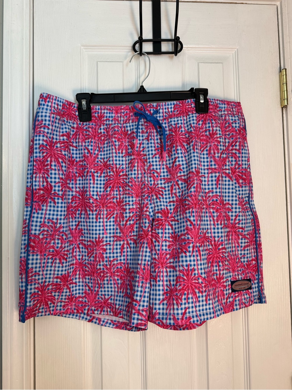 Vineyard Vines Blue Gingham Swim Trunks with Hot Pink Palm Print